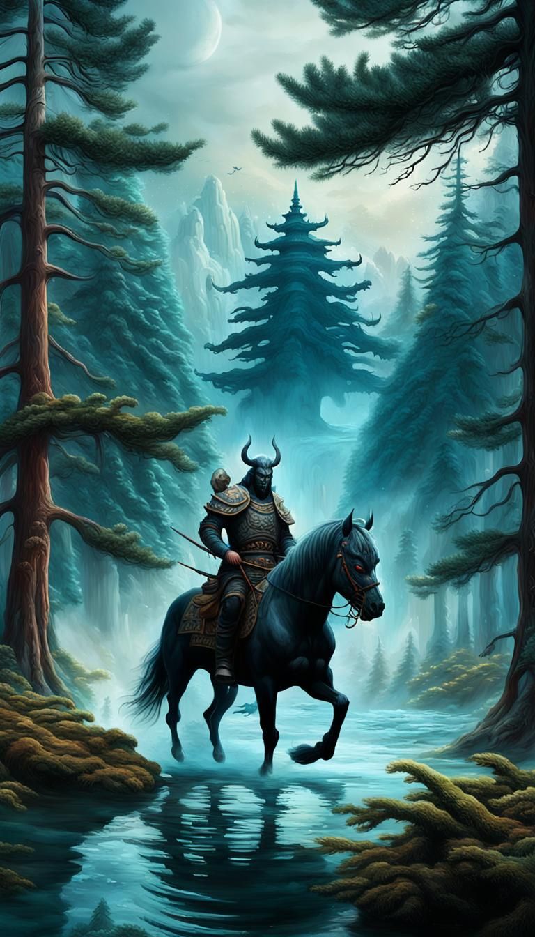 Oriental Demon Rises from Pearl Waters, Surreal Digital Pain...