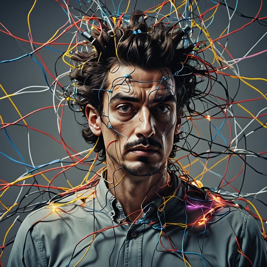 Surreal Man Tangled in Neon Wires