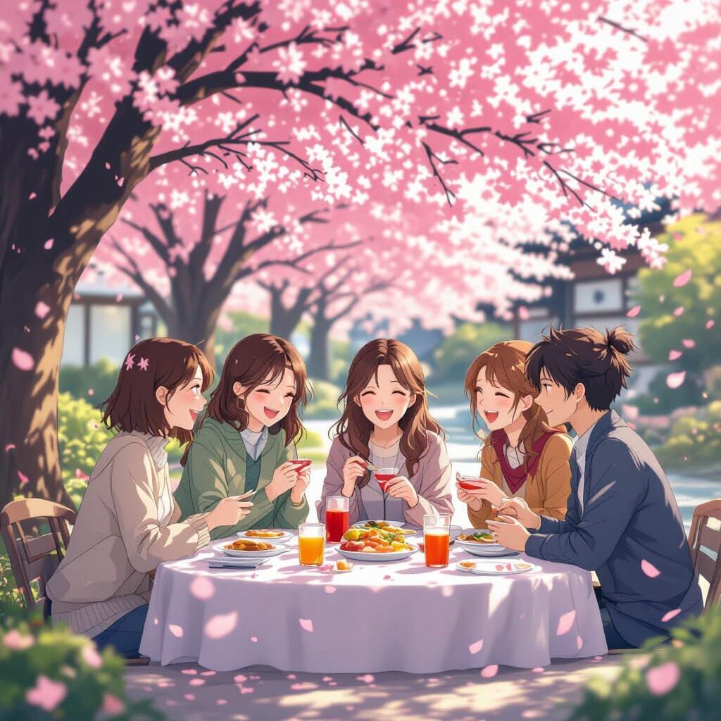 Anime Friends Share Joyful Meal Under Cherry Blossoms
