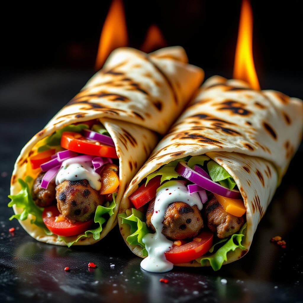 Hyper-Realistic Donner Kebabs with Vegetables and White Sauc...