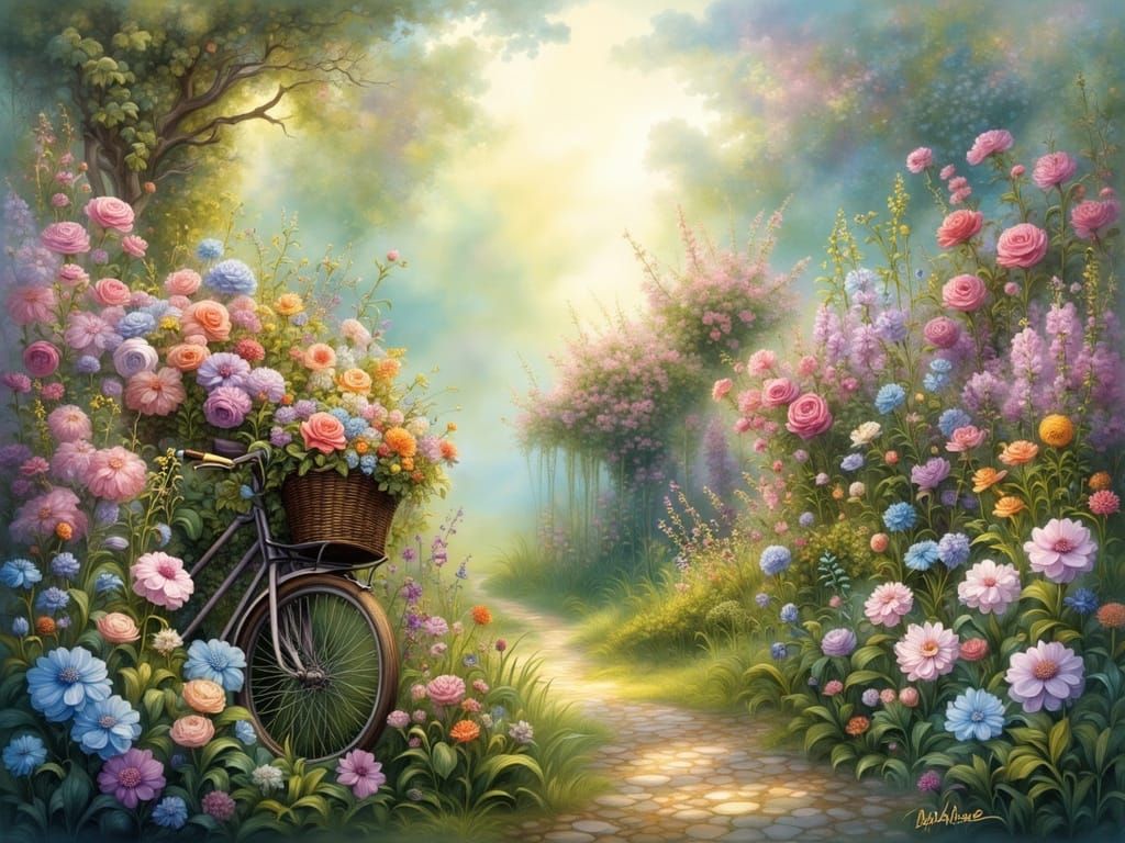 Pastel Garden Scene with Bicycle and Flowers