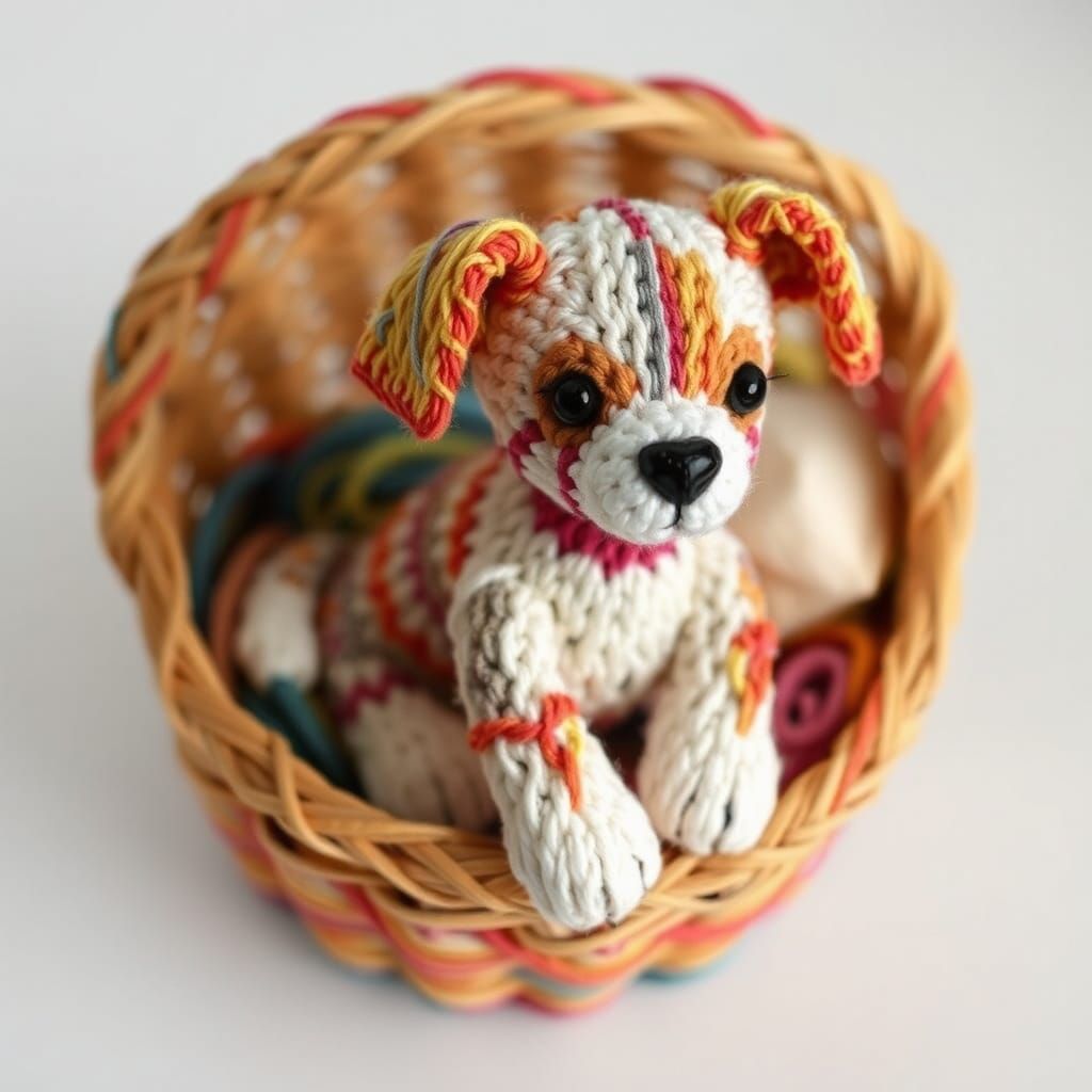 Crocheted Puppy in Basket: Folk Art Dream