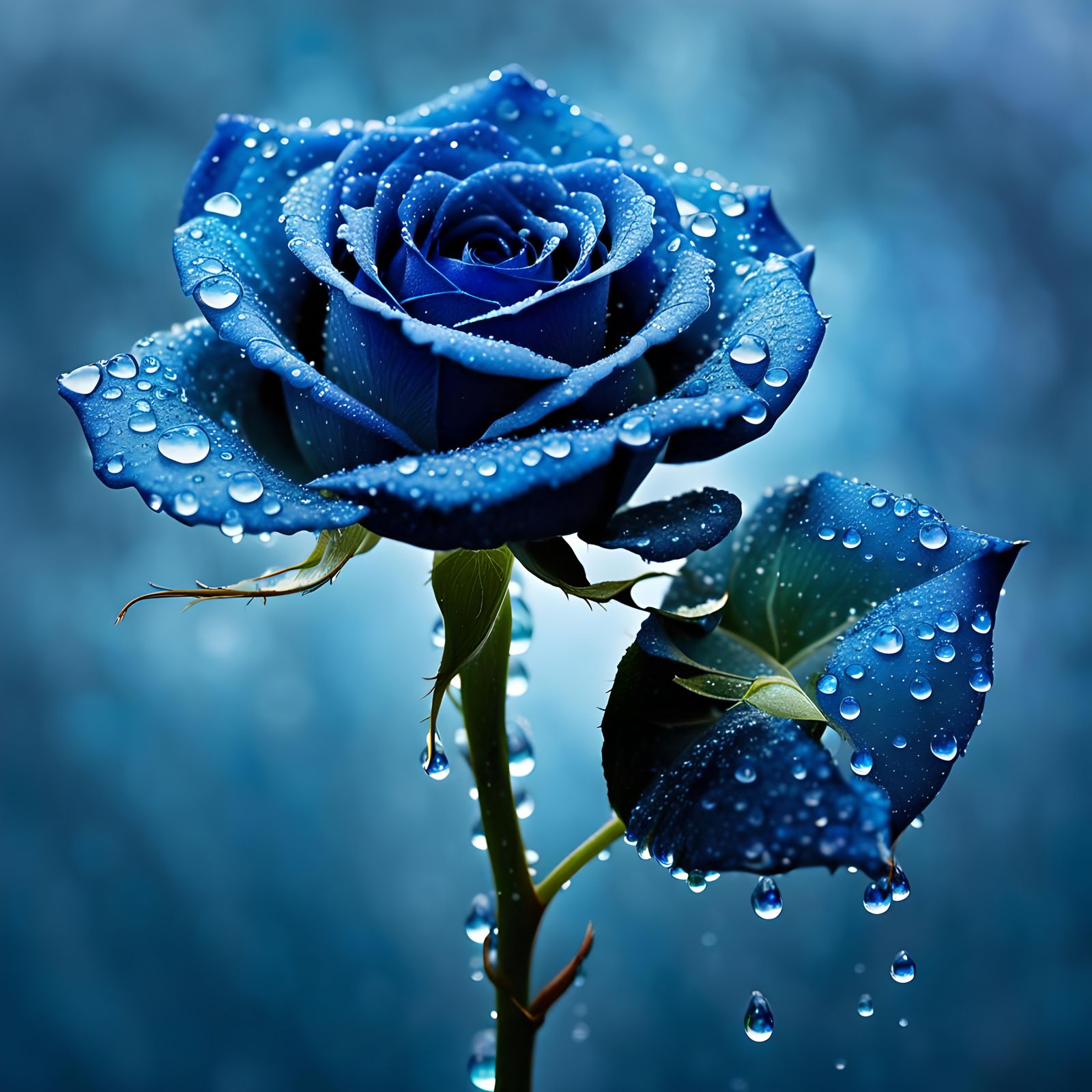 Intricate Blue Rose with Water Droplets in Splash Art