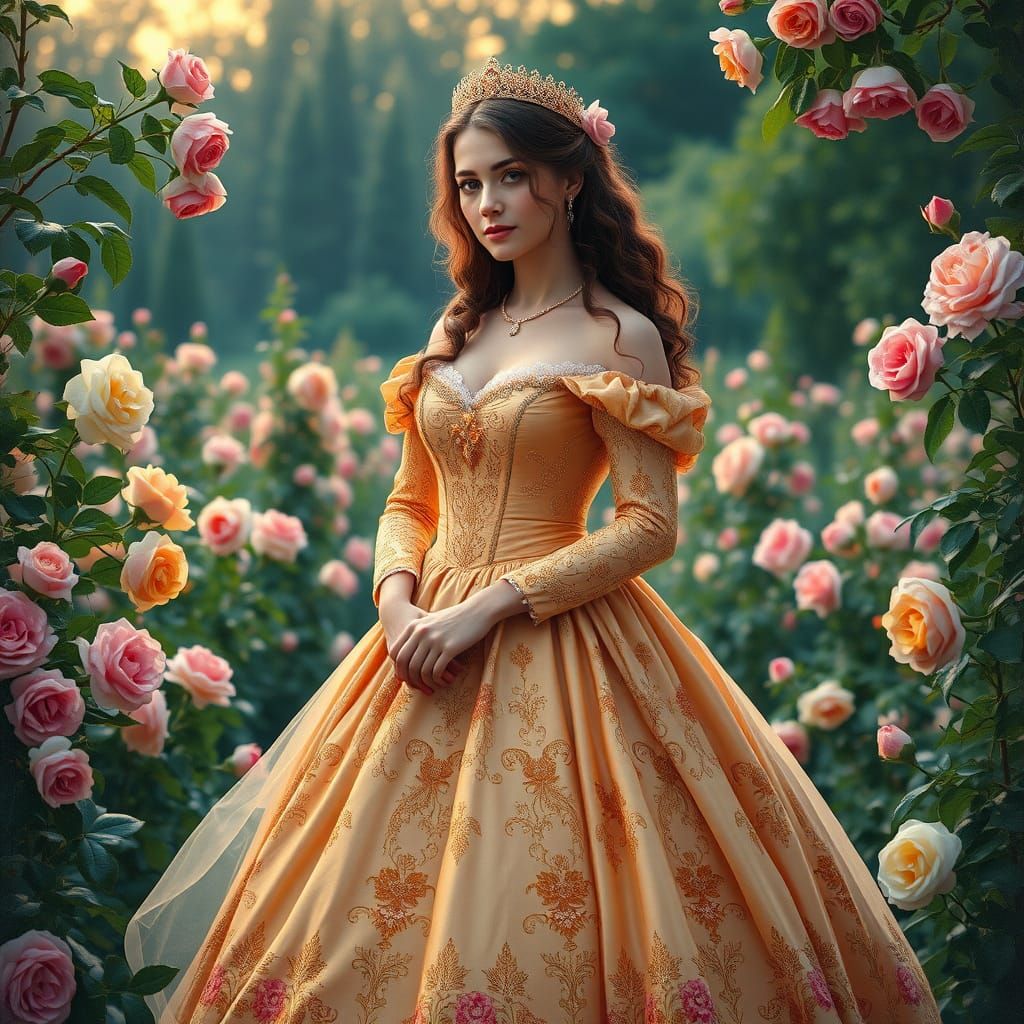 Regal Russian Rose Garden Portrait in Impressionist Style