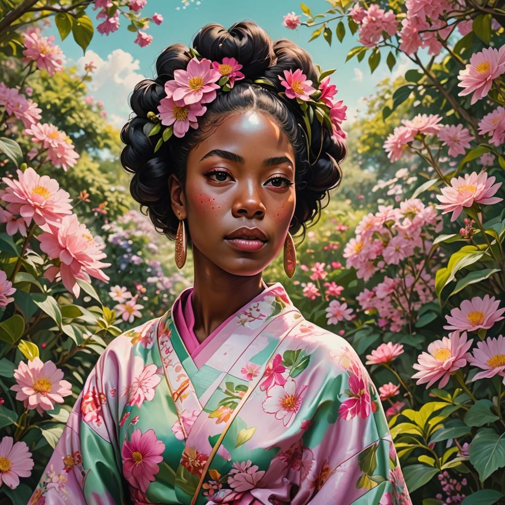 Beautiful Woman in Kimono Among Multicolored Flowers