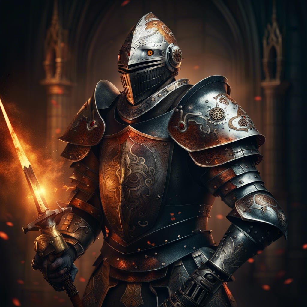 Medieval Robot Knight with Fire Sword
