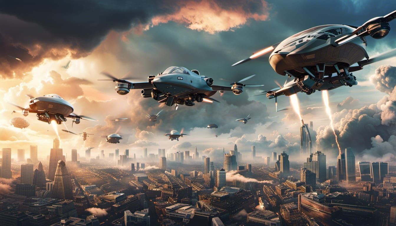 Drones and Missiles Clash in Cyberpunk Digital Art
