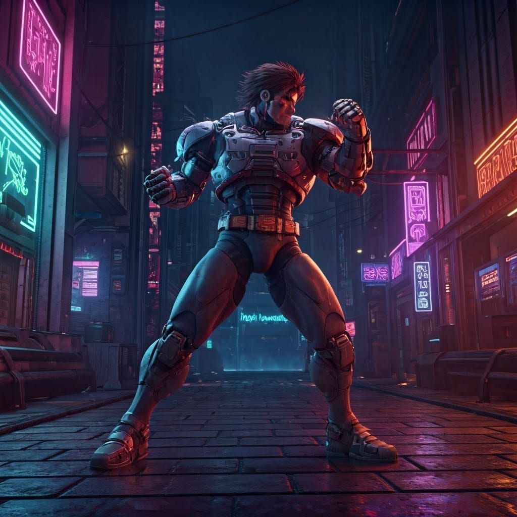 Cyborg Brawler in Neon City, Inspired by Sci-Fi Art