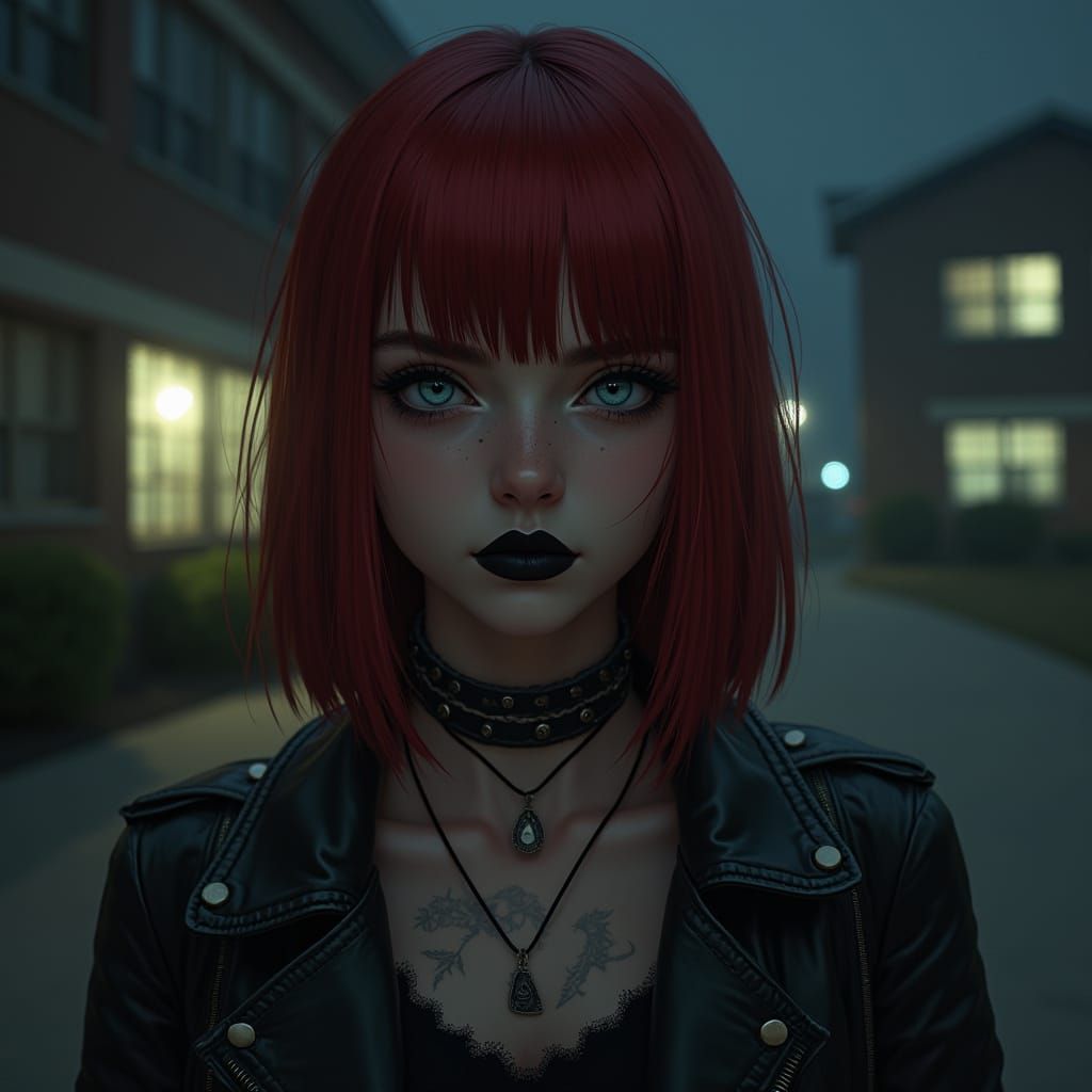 Teen Girl in Punk Style Outside High School