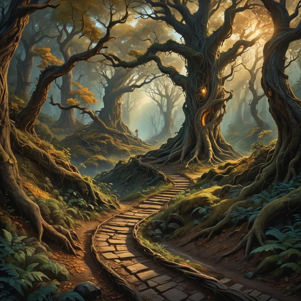Mystical Forest Path Concept Art in Impressionist Style