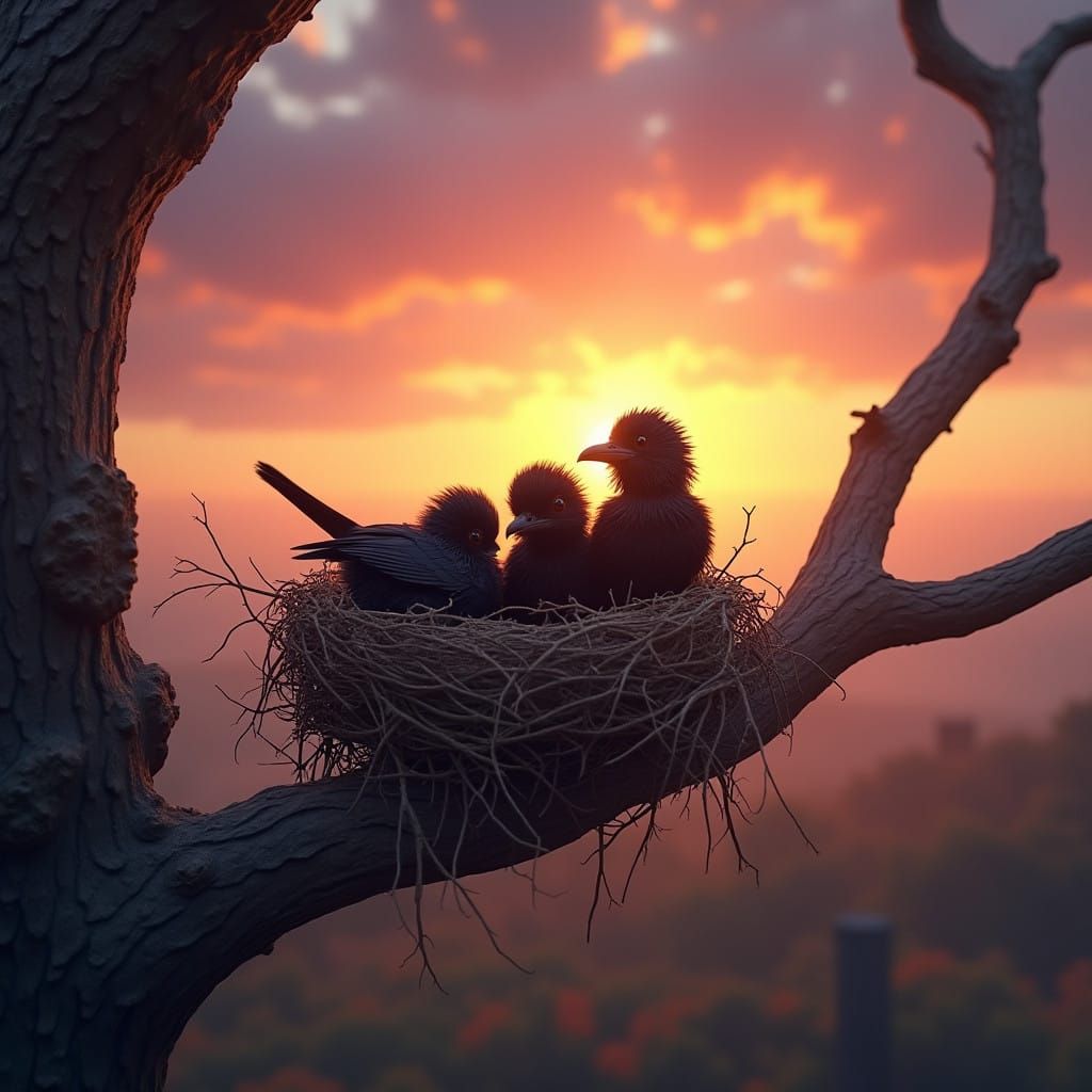 Baby Crows at Sunset in Matte Painting Style