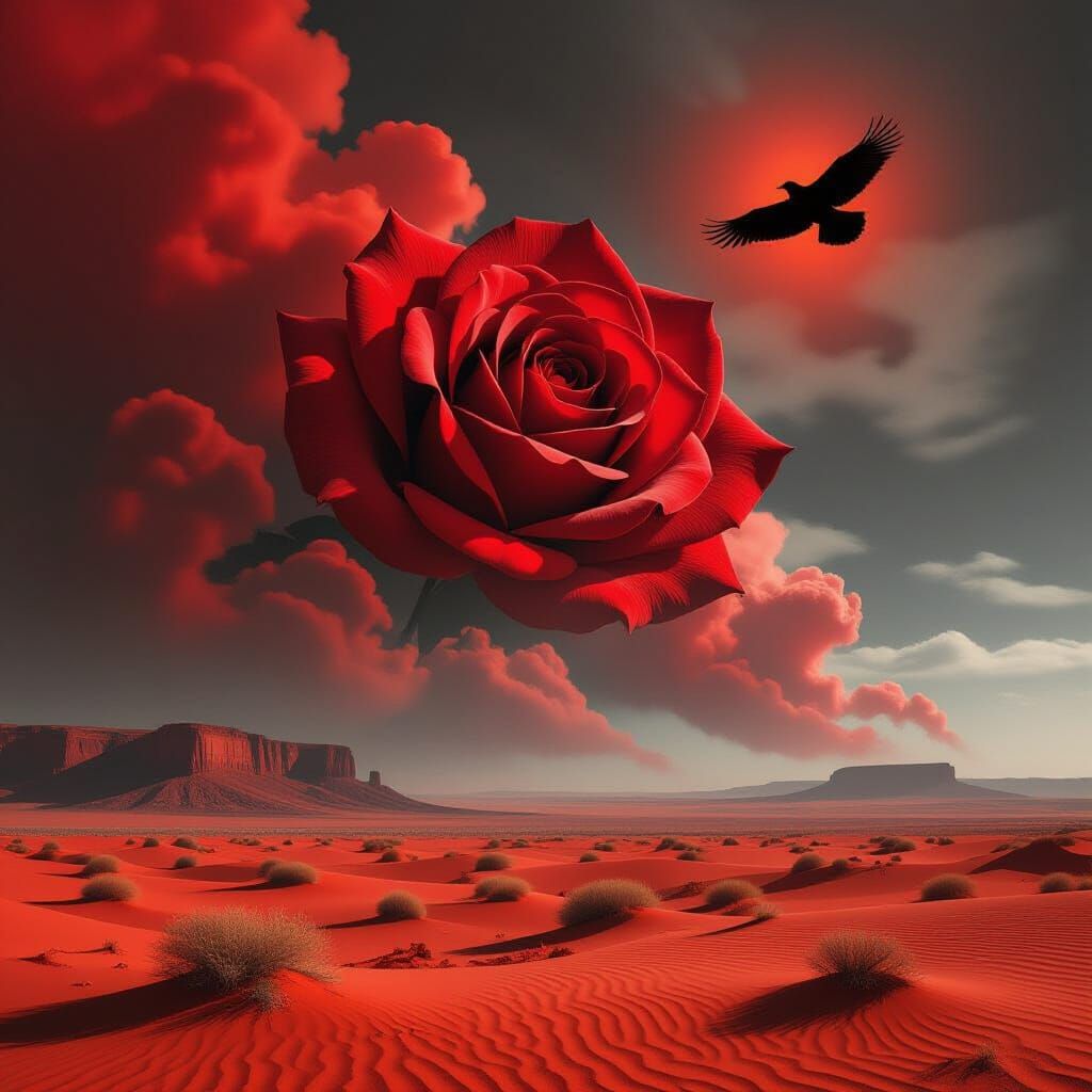 Surreal Red Desert Landscape with Rose and Bird