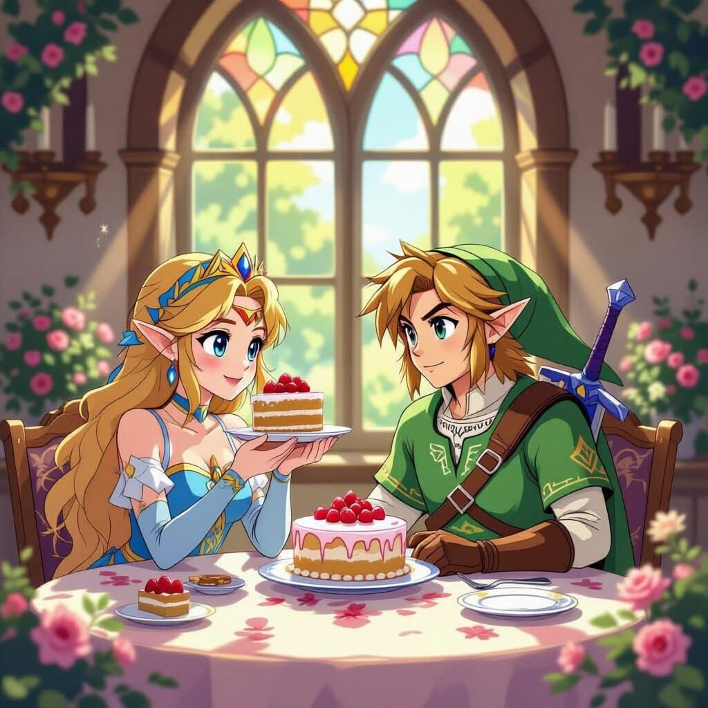 Zelda and Link Enjoying a Sweet Cake Moment