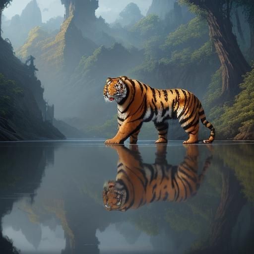 Cute Tiger Reflected in Water: Detailed Digital Painting