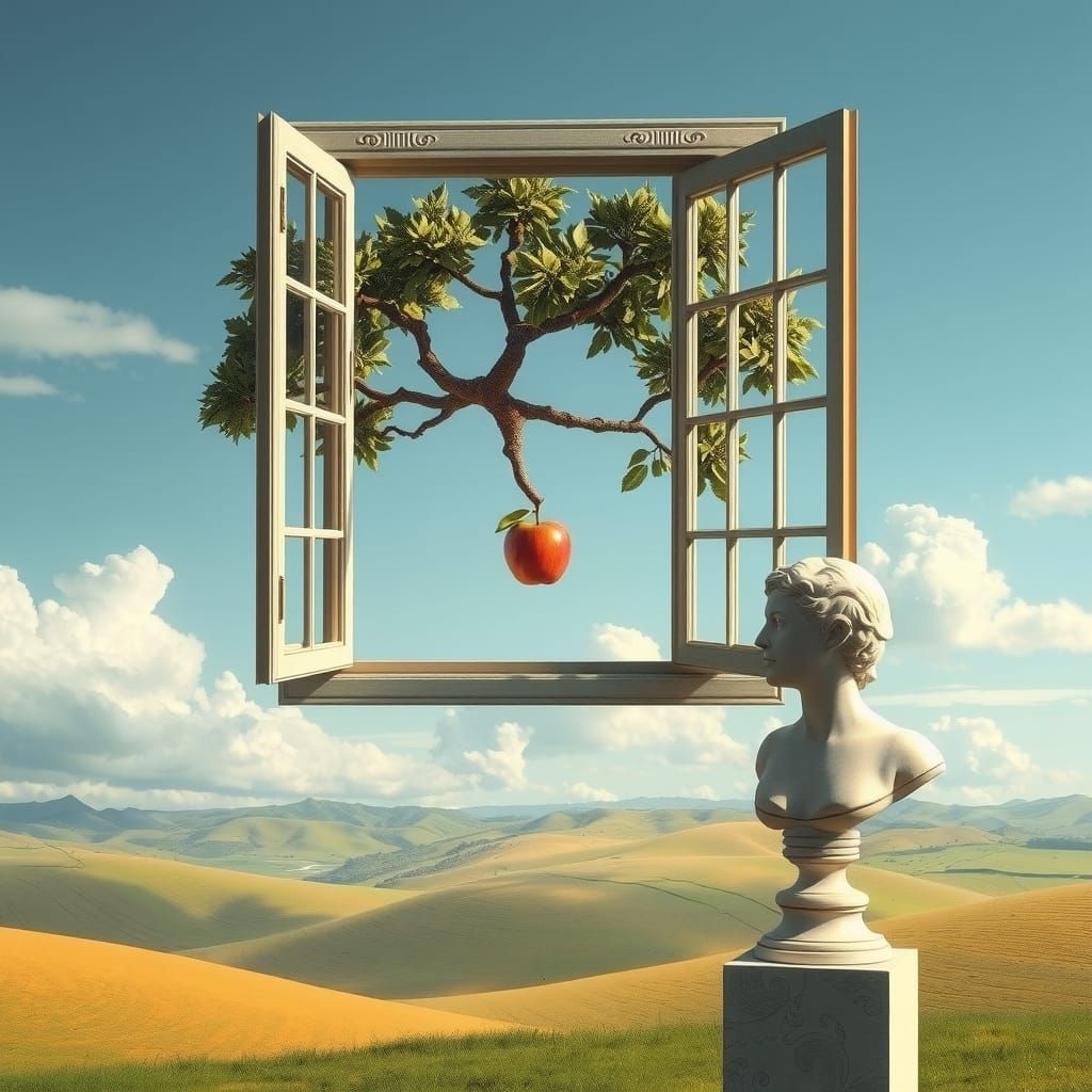 Dreamlike Landscape with Floating Window and Apple
