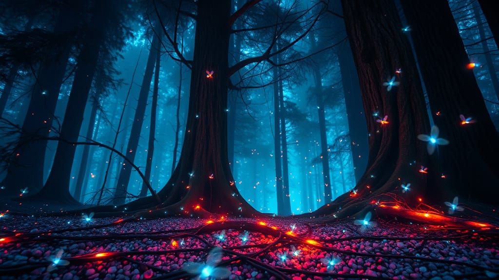 Glowing Fireflies Dance Amidst Ancient Forest Trees