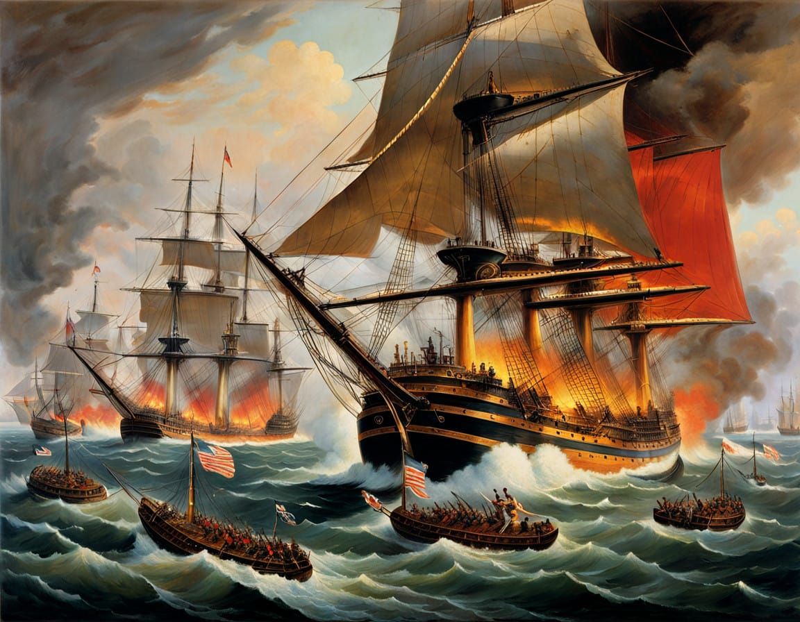 Dramatic 19th-Century Naval Battle Scene with Ironclad Warsh...
