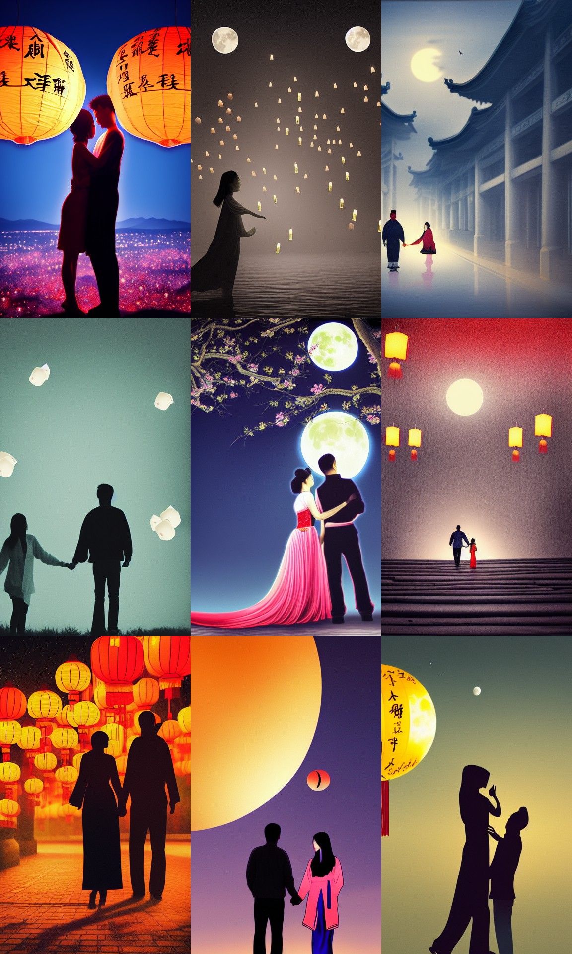 Romantic Chinese Lanterns Under Moonlight in Hyperrealism