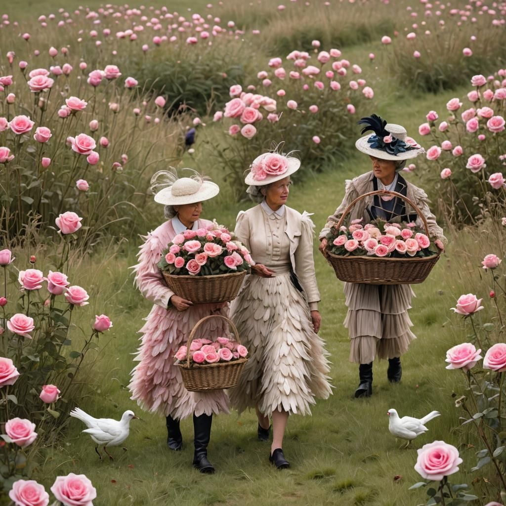 Feather Ladies Walking with Roses in Field