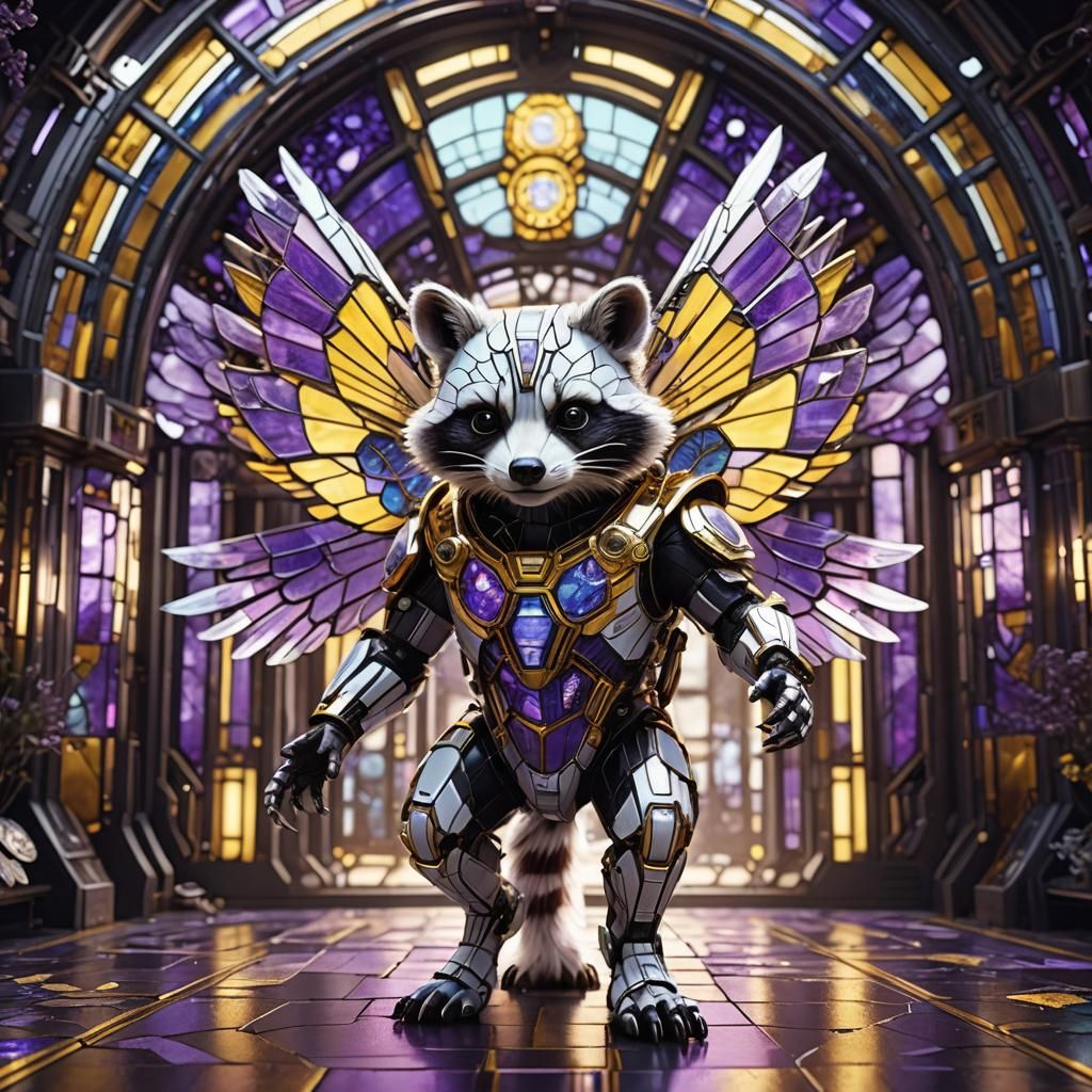 Biomechanical Raccoon with Stained Glass Wings