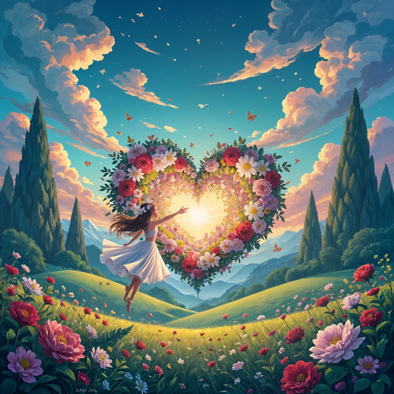 Fairy Erupting From Heart in Floral Landscape
