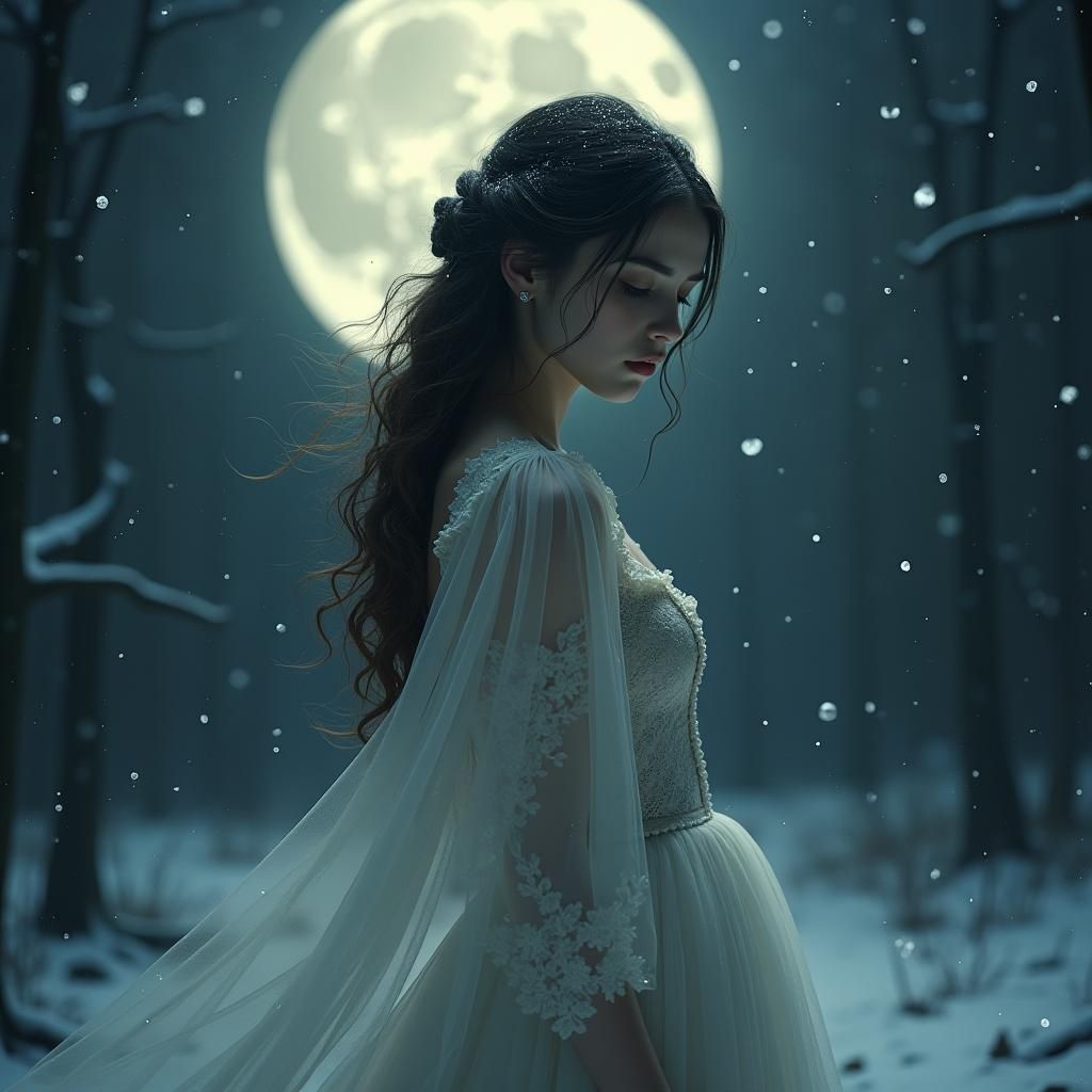 Victorian Woman in Moonlight with Falling Snow