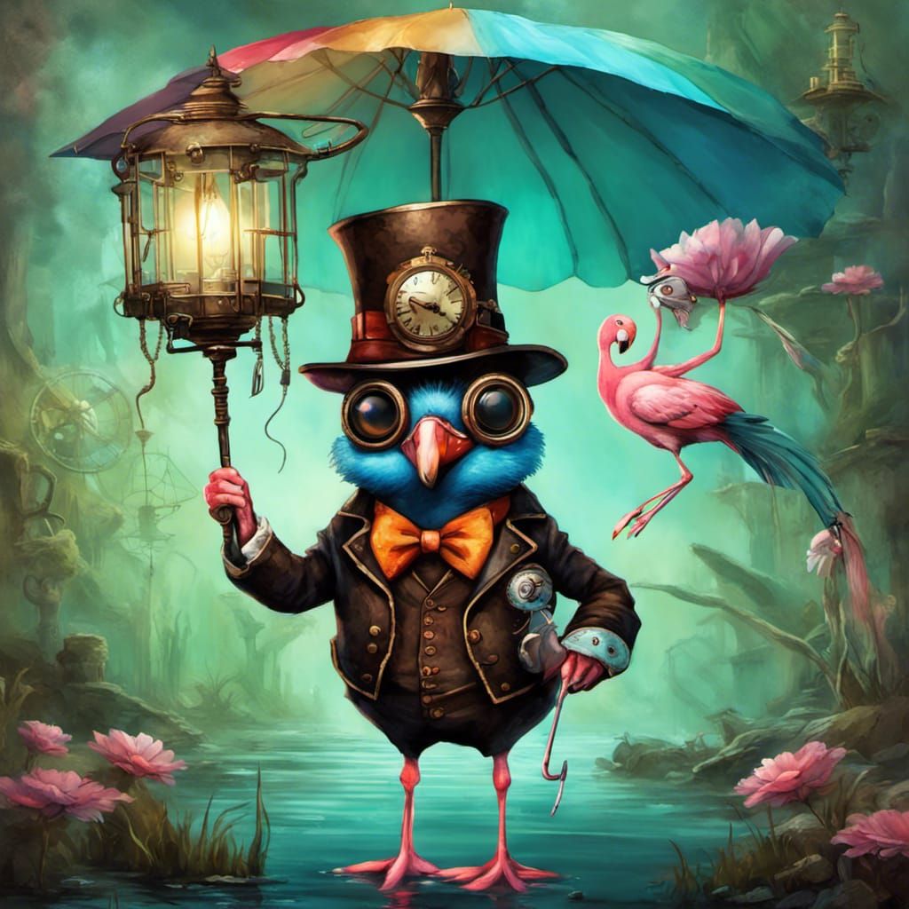 Steampunk Flamingo Creature in a Swamp