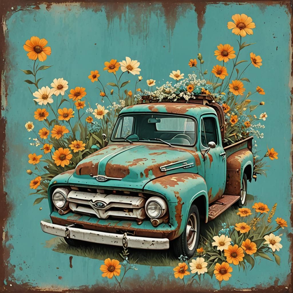 Rusty Vintage Ford 150 with Flowers, Abstract Art