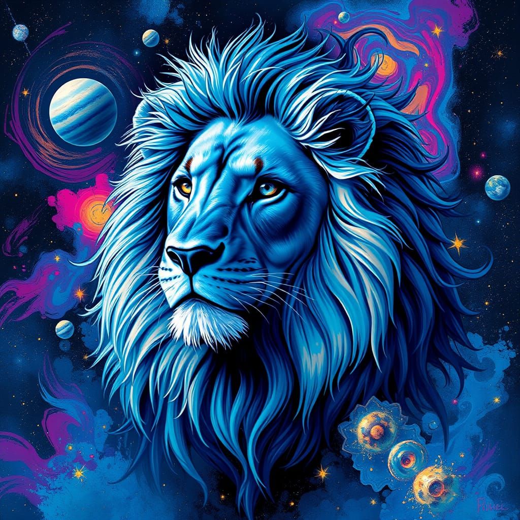 Majestic Blue Star Lion in Vibrant Galaxy Art