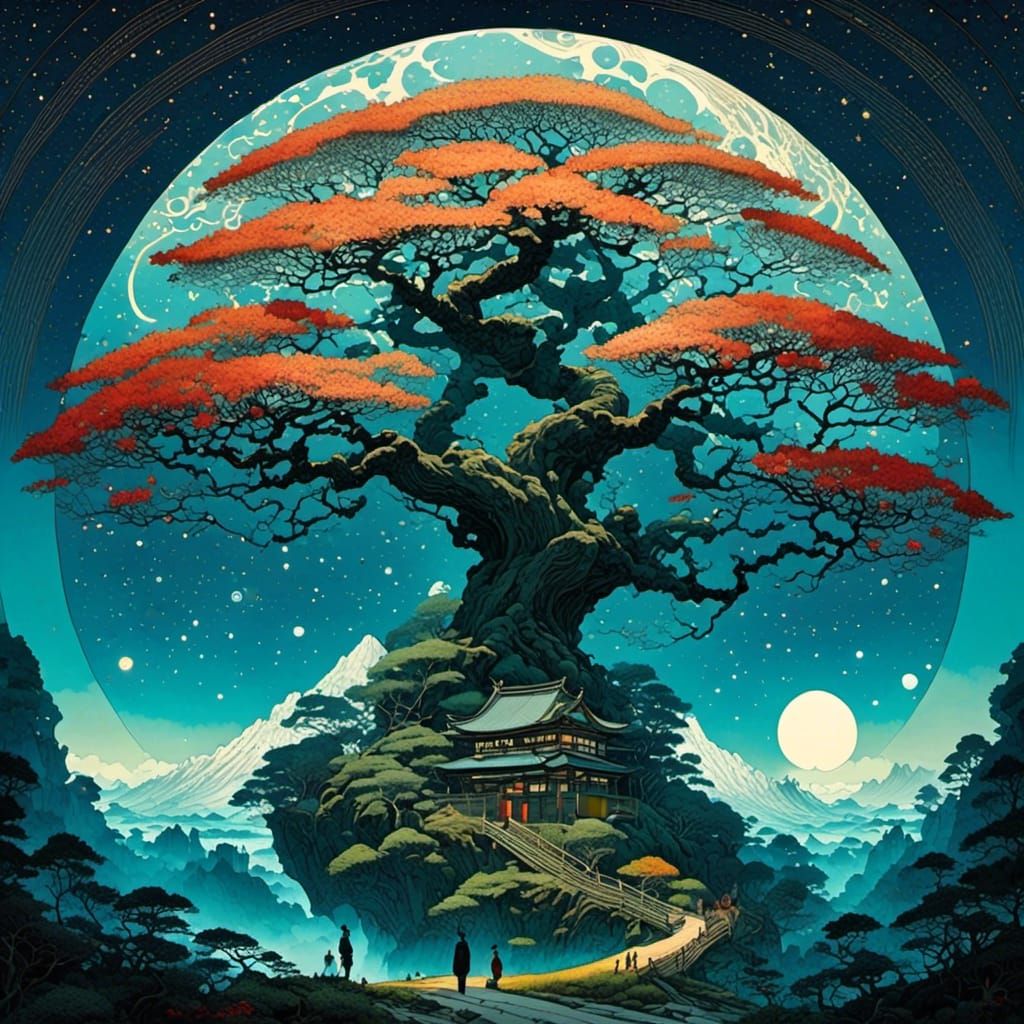 Mystic Biodome with Tree of Life as Woodblock Print