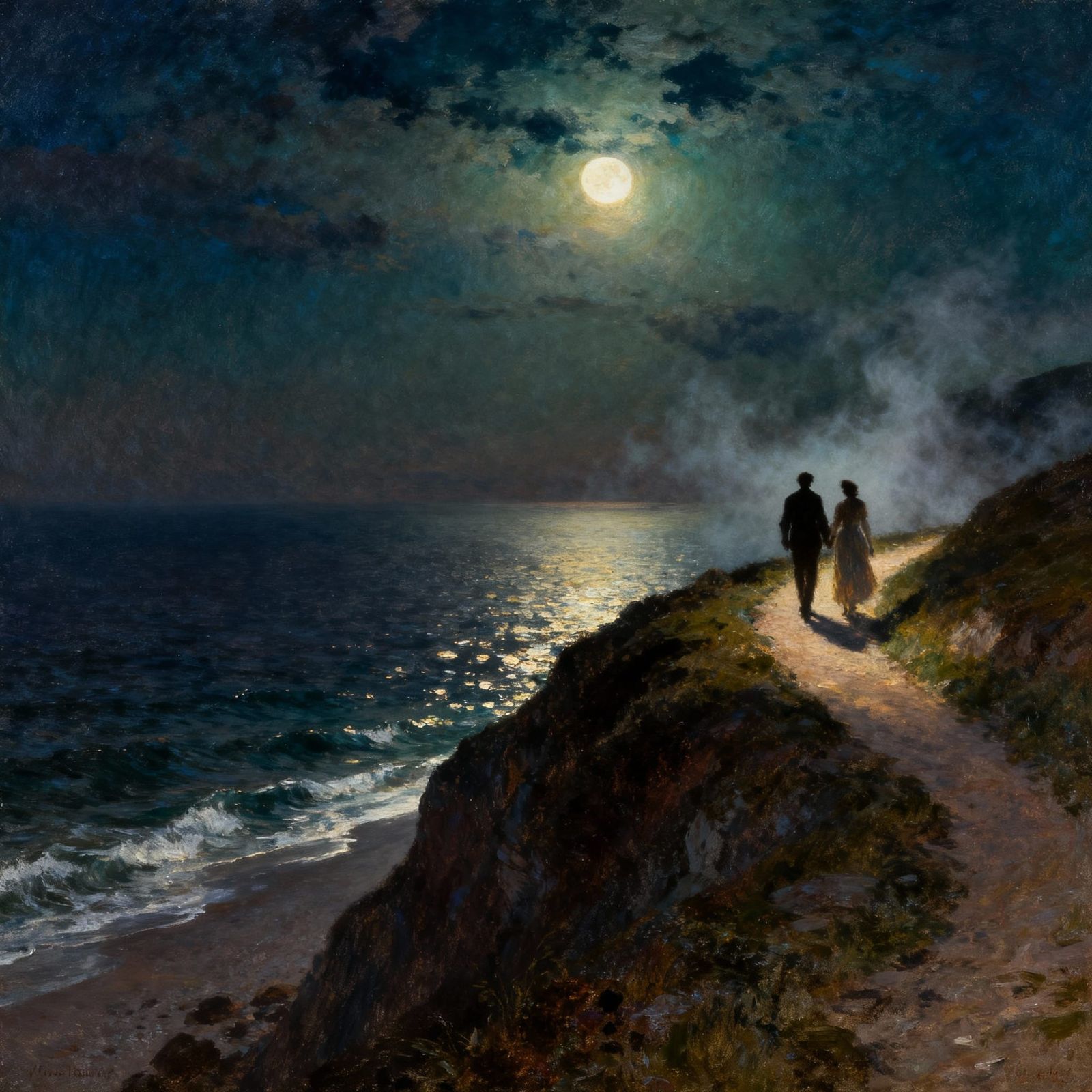 Romantic Couple Silhouetted on Moonlit Cliff Overlooking Sea