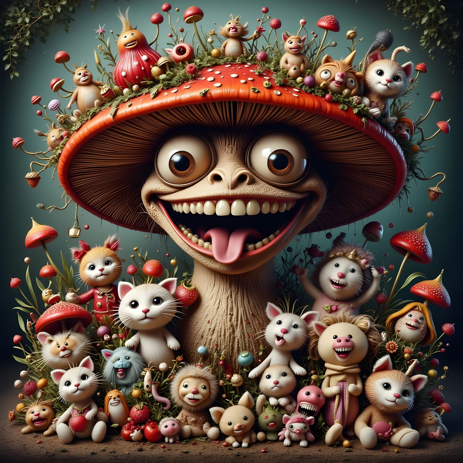 Crazy Mushroom with Cute Plushies in Cartoon Style
