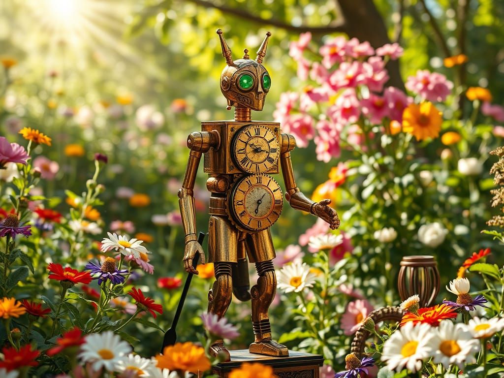 Clockwork Automaton in a Pre-Raphaelite Garden