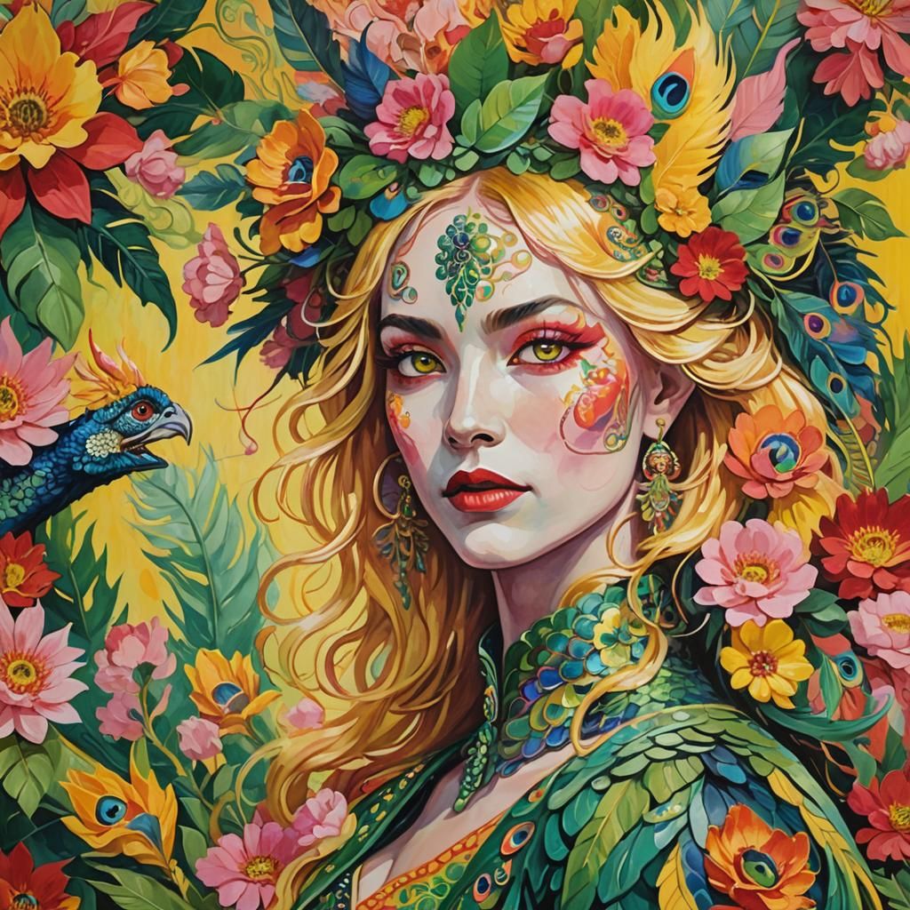 Dragon Peacock Woman Portrait in Fauvist Gouache