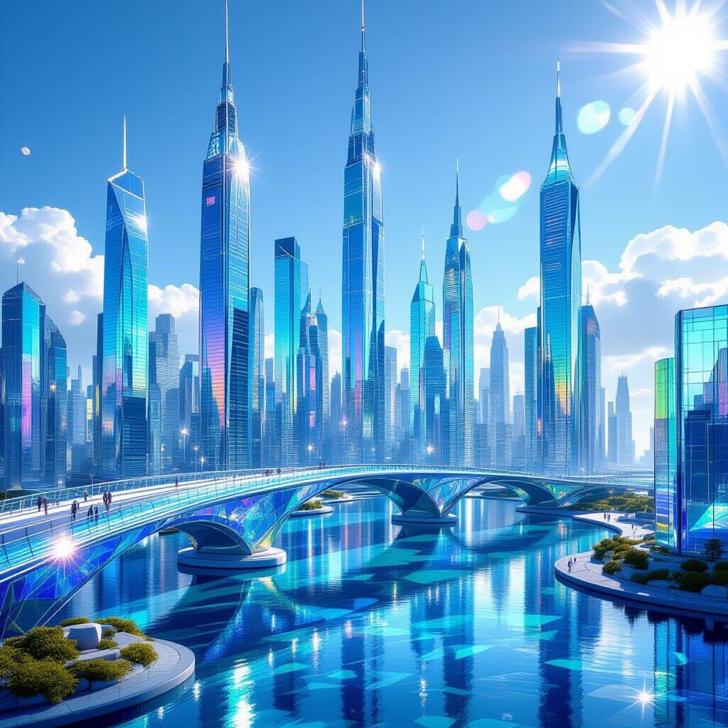 Futuristic Sea Glass Cityscape with Holographic Lighting