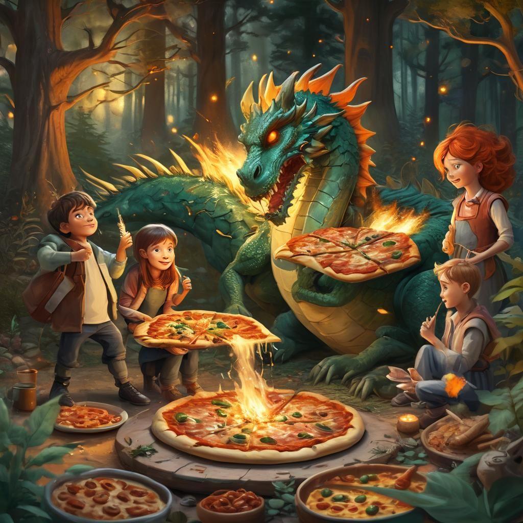 Italian Family Pizza with Dragon in Oil Painting Style