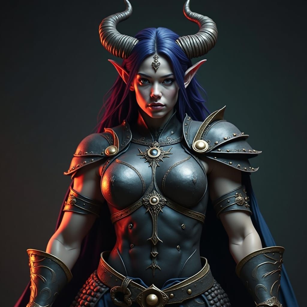 Muscular Drow Woman in Dark Fantasy Armor