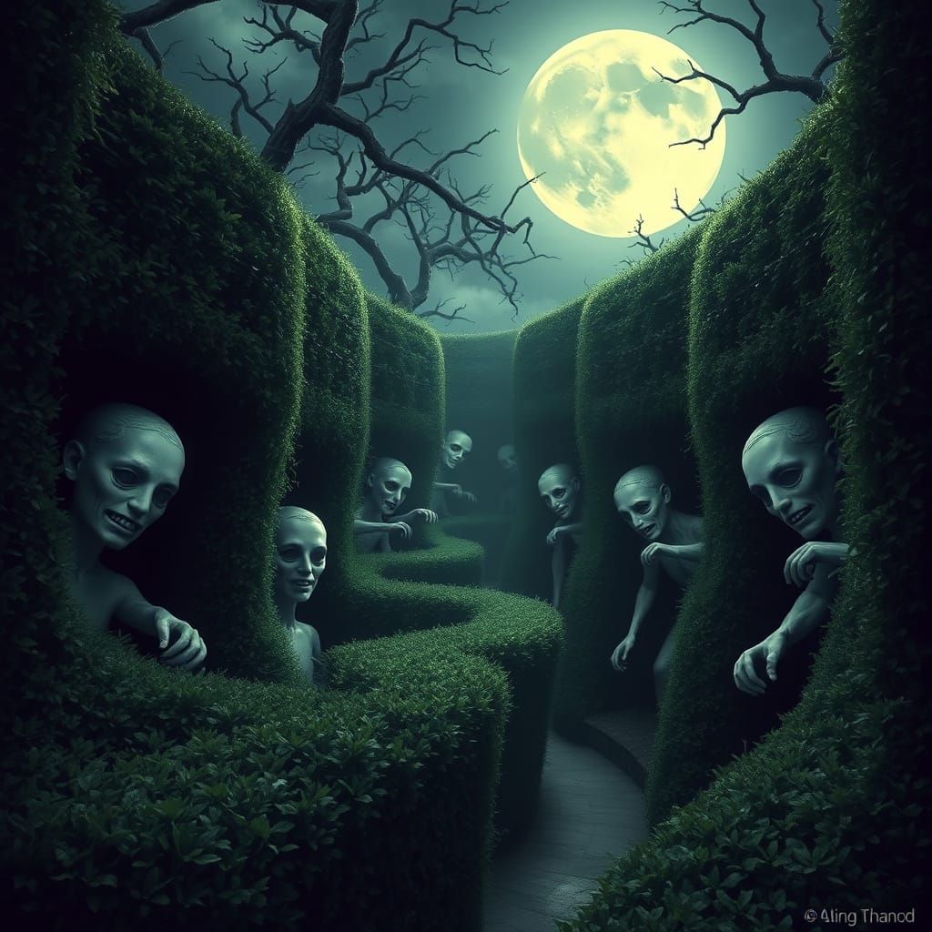 imagine a twisted maze of hedges with hidden statues that come to life in the moonlight. The hedges are overgrown and gn...