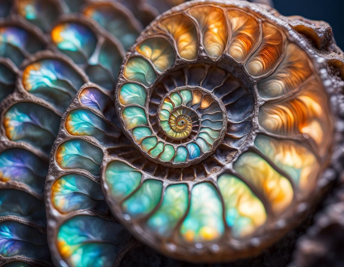 Opalescent Ammonite Fossil Macro Photograph in 8k