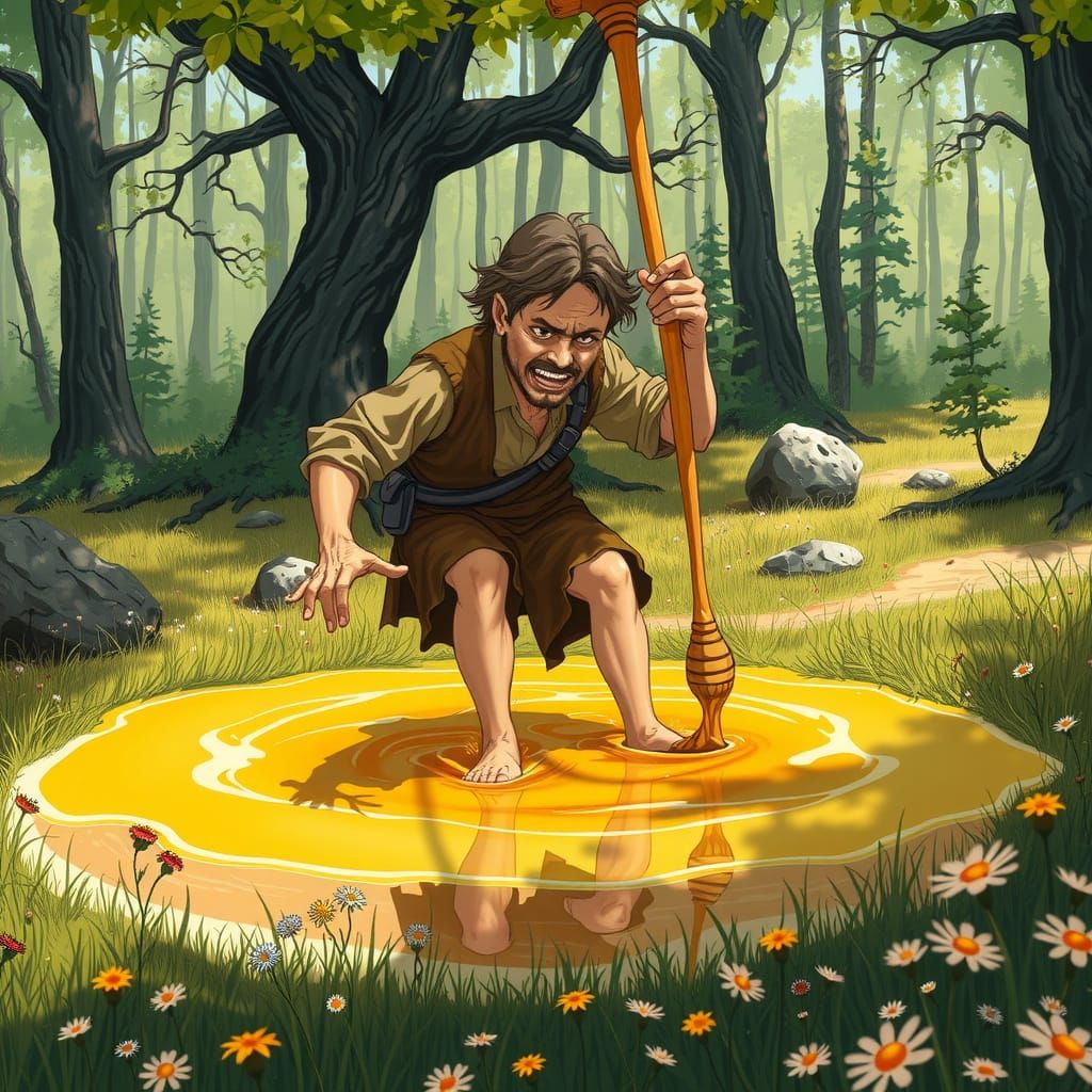 Barefoot Man Trapped in Golden Honey
