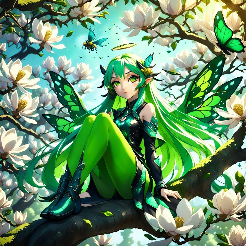 Anime Girl in Magnolia Tree with Emerald Beetles