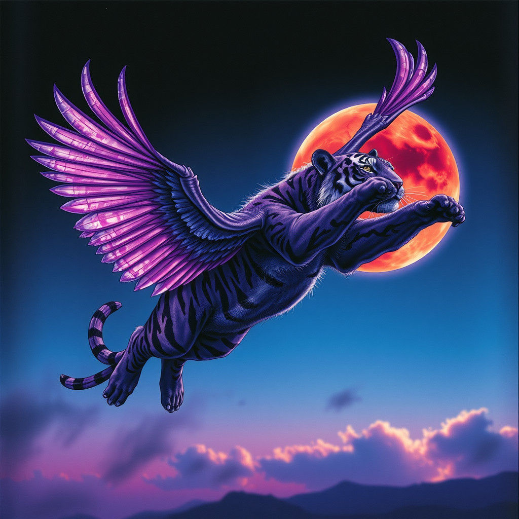 Majestic Tiger Soaring Past Lunar Eclipse in Surrealist Styl...