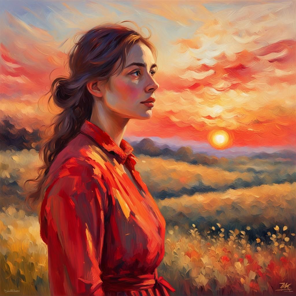 Impressionist Woman in Red at Sunset