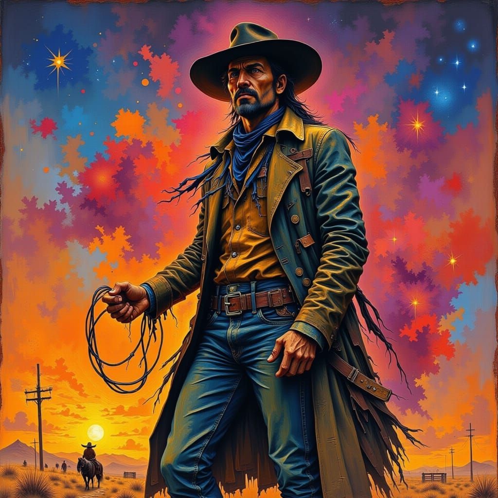 Cowboy Lassoing Stars in Dreamy Twilight Sky