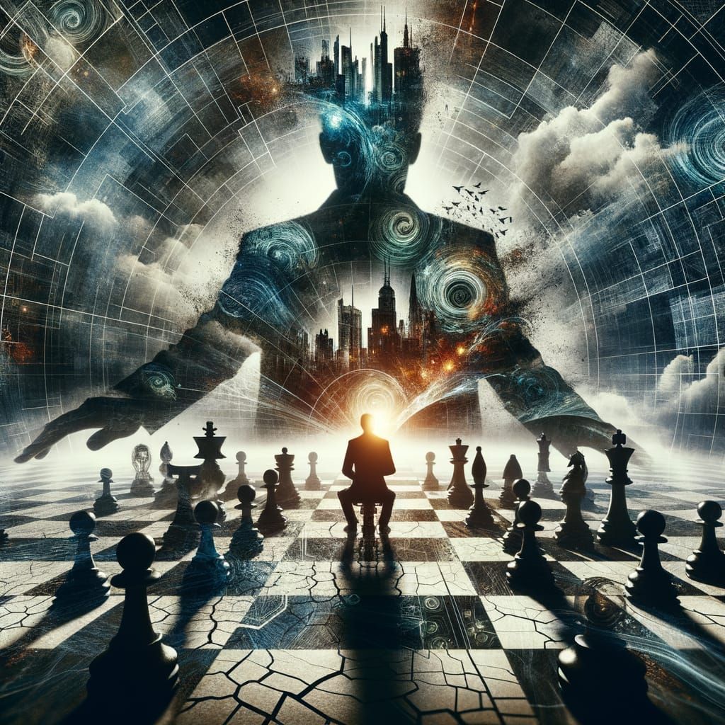 Surrealist Masterpiece: Silhouetted Figure in Chess Match wi...