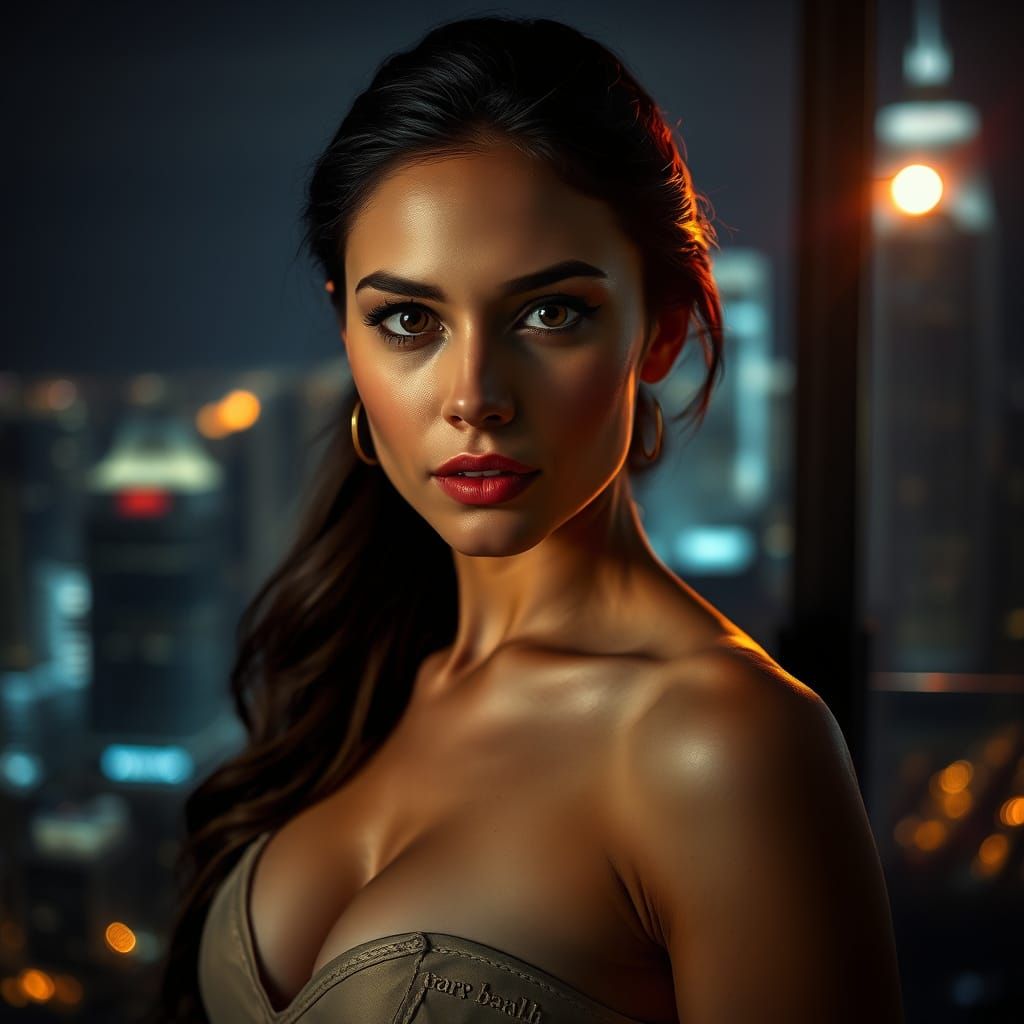 Alluring Woman in Dramatic Cityscape at Midnight