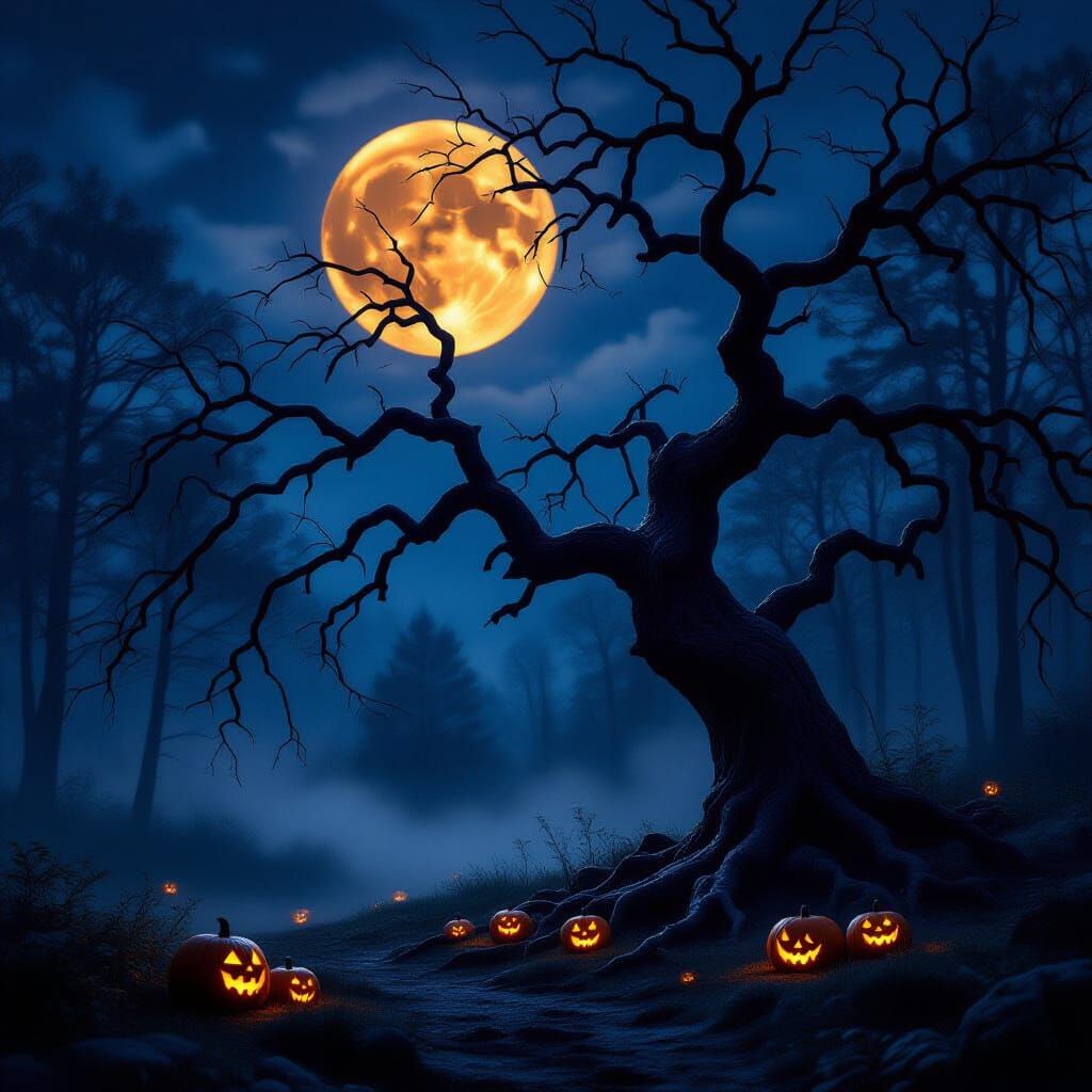 Twisted Oak in Moonlit Forest with Harvest Moon