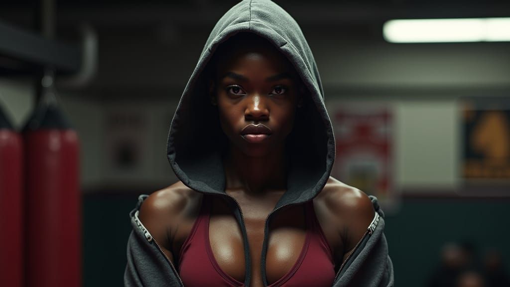 Intense Female Boxer Portrait in Underground Gym