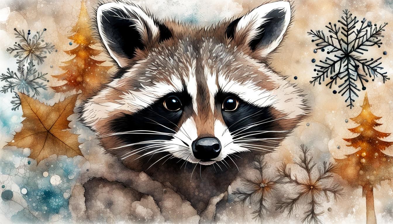 Raccoon Christmas Collage in Mixed Media Style