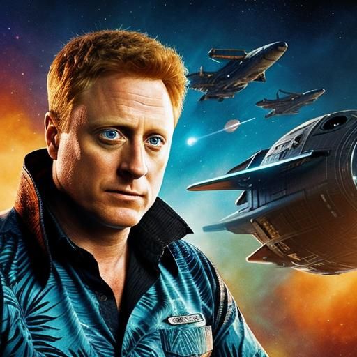 Alan Tudyk wearing a Hawaiian shirt as a Space Cowboy flying...